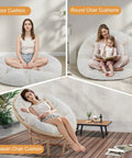 Three images showing Papasan Chair Cushion 48 Inch Square Thick 6 Inch Cushion With Thick Corduroy Cover Beige Cushion Only For Egg Chair And Floor Cushions Ideal For Meditation Corners And Cozy Lounging With Premium Shredded Foam being used on a floor, in a round chair, and in a Papasan chair.