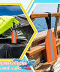 Orange Safety Travel Flag for Kayak and Canoe with Reflective Stripe attached to kayak and boat railing outdoors.