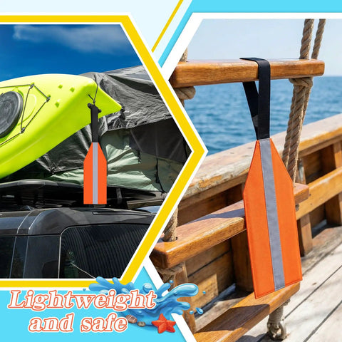 Orange Safety Travel Flag for Kayak and Canoe with Reflective Stripe attached to kayak and boat railing outdoors.