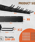 96 Inch Garage Wall Organizer Heavy Duty 1200 Lbs Capacity With 12 Hooks Broom Holder displayed with hooks and dimensions.