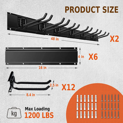 96 Inch Garage Wall Organizer Heavy Duty 1200 Lbs Capacity With 12 Hooks Broom Holder displayed with hooks and dimensions.