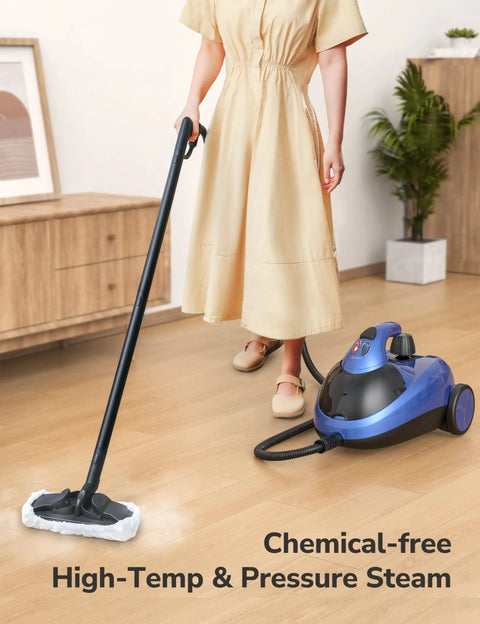 Heavy Duty Steam Cleaner With 21 Attachments, 293 Fahrenheit Steam Mop For Home And Car, 50 Oz Tank in use on hardwood floor.