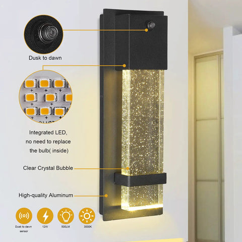 Outdoor Dusk To Dawn Wall Lights 2 Pack Black Anti Rust Exterior Waterproof Porch Lights With Bubble Crystal Glass features