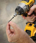 Person using an impact driver with FlexTorq Magnetic Bit Holder For Impact Tools, 2 Inch Length, Impact Ready Bits, 15 Degree Flex.