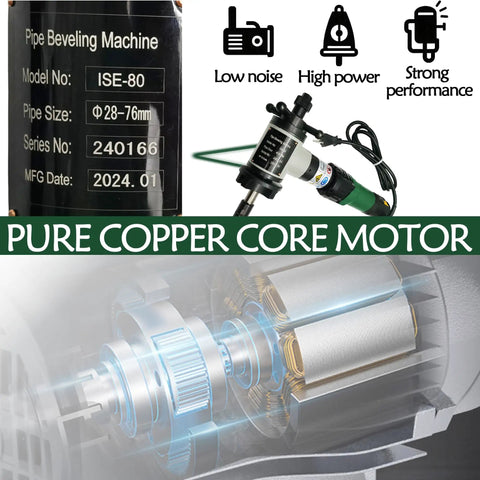 Top Tier Electric Inner Swelling Pipe Beveling Machine With 1200W Motor showcasing pure copper core motor and model details.