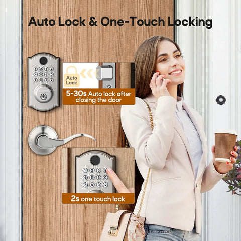 Super Tough Smart Fingerprint Door Lock With Dual Lever Handles Bringing Instant Biometric Scan Entry And Three Backup Keys For Knockout Security And Totally Straight Forward Everyday Use, shown with auto lock feature.