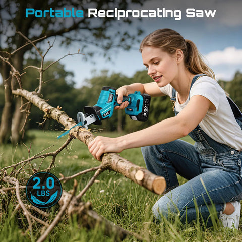 SEESII cordless reciprocating saw being used to cut a branch, teal/black with battery pack
