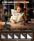 Person using 10X Magnifying Lamp With Stand And LED Light 2 In 1 at desk, showing adjustable lighting modes, stepless dimming feature.
