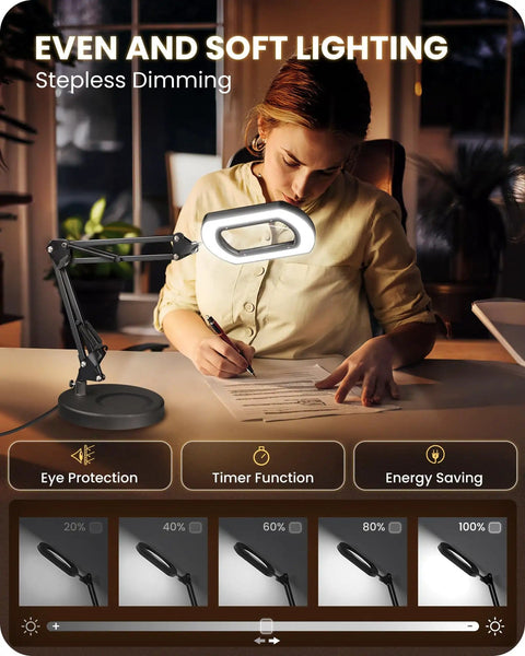 Person using 10X Magnifying Lamp With Stand And LED Light 2 In 1 at desk, showing adjustable lighting modes, stepless dimming feature.