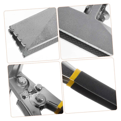 Close-up of Duckbill Pliers Metal Bender Tool with non-slip jaws and ergonomic handle for precise seaming and flattening in roofing.