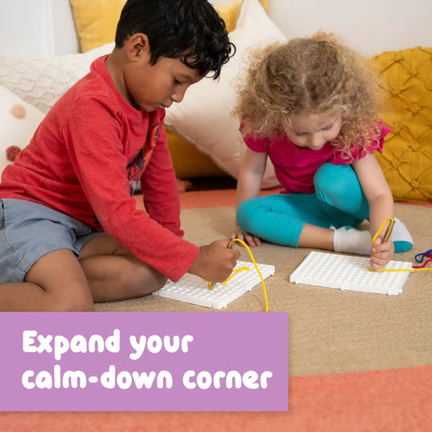 Children using Calm Down Threading Boards Set Of 2 For Sensory Play And Focus, Autism And ADHD Therapy Toy on rug