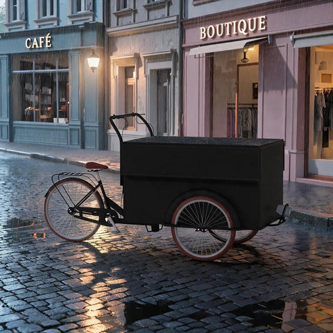 Kickstart Your Curbside Hustle With This Heavy Duty Outdoor Coffee Cart Featuring A Wide Canopy Sun Shade And Smooth Rolling Wheels For Mobile Vending Or Pop Up Market Sales, black cart on cobblestone street.