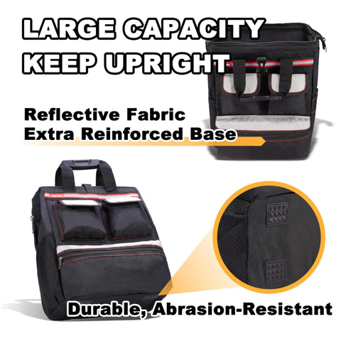 Worksite Ready Tools Backpack With Padded Back Support, large capacity, reflective fabric, reinforced base, durable design