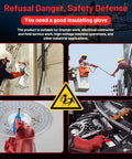 Collage of linemen using heavy duty insulating gloves for high voltage electric work 1.8mm thick red rubber handwear on poles. Focus keyword included.