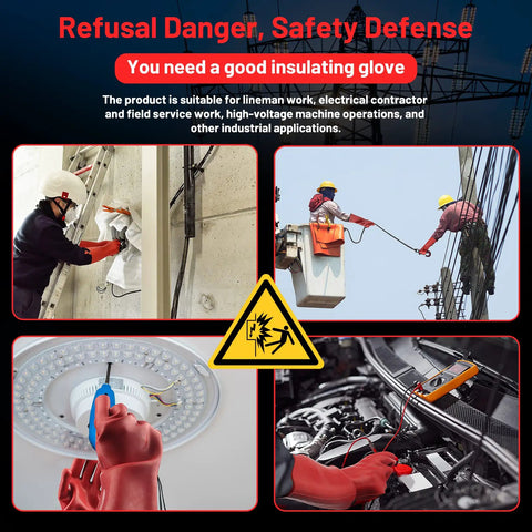 Collage of linemen using heavy duty insulating gloves for high voltage electric work 1.8mm thick red rubber handwear on poles. Focus keyword included.