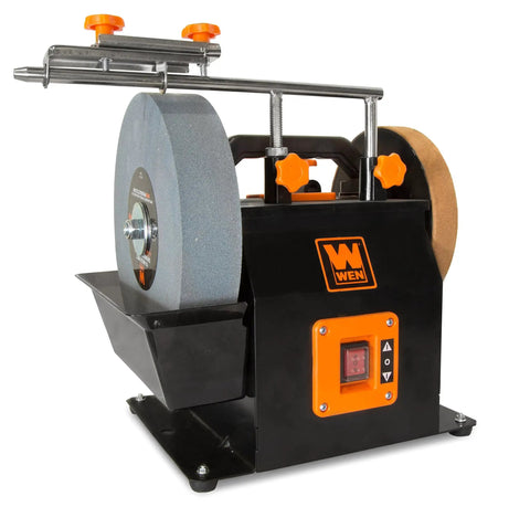 Two Direction Water Cooled Wet And Dry Sharpening System With A 10 Inch 220 Grit Stone And An 8 Inch Leather Strop Wheel Flip The Switch For Reverse Rotation 115 RPM For Precision And Universal Jig Support For Wide Accessory Compatibility