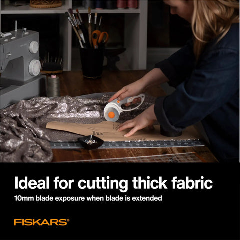 60mm Rotary Cutter With Ergonomic Loop Grip for Fabric, cutting thick fabric with pro grade titanium blade in sewing setup