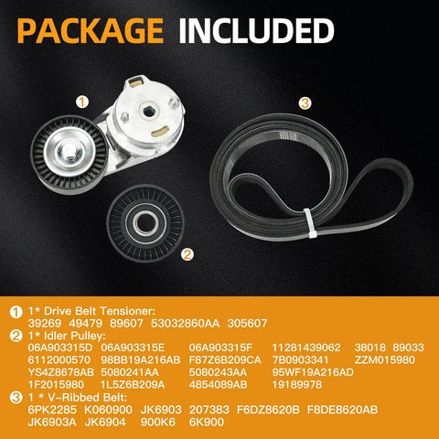 Jeep Wrangler 3.8L V6 Serpentine Belt Tensioner and Idler Pulley Beefed Up Heavy Duty Drive Kit Replacement for 2007 to 2011 package contents