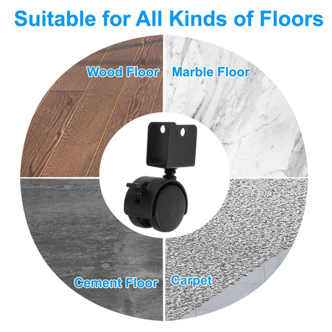 2 Inch Swivel Caster With Brake For Furniture Legs Four Pack 360 Degree Rotation Quiet Wheel U Bracket 1 Inch Inner Width 50mm Diameter Supports Total Load Up To 132 Lbs With 44 Lbs Per Caster, shown with flooring types