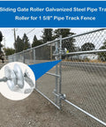 Five Inch Steel Pipe Track Gate Rollers For One And Five Eighth Inch Gate Frame Pack Of Two Sliding Gate Wheels Galvanized For Rust Resistance And Long Life Heavy Duty Fence Track Hardware With Hot Dip Finish image showing a side view of the roller installed on a chain-link fence gate.