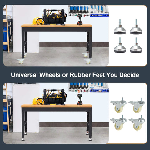 Height Adjustable Workbench With Wheels 60 Inch Solid Wood Top Heavy Duty Rolling Work Table Supports Up To 2000 Lbs shown with leg options