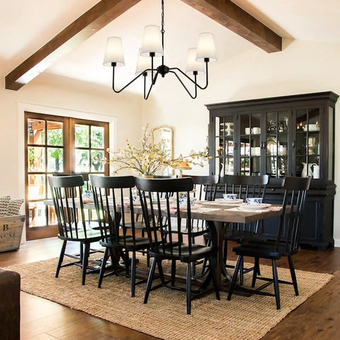 Dope Modern 5 Arm Pendant Chandelier For Dining Room With White Fabric Shades Matte Black Finish 30 Inch Diameter Height Adjustable Ceiling Light Over Table For Living Room Hallway Bedroom