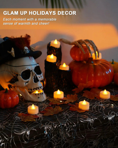 Flameless Tea Lights With 6 Hour Timer 24 Hour Auto Cycle Battery Operated LED Candles Pack Of 12 on Halloween table setting