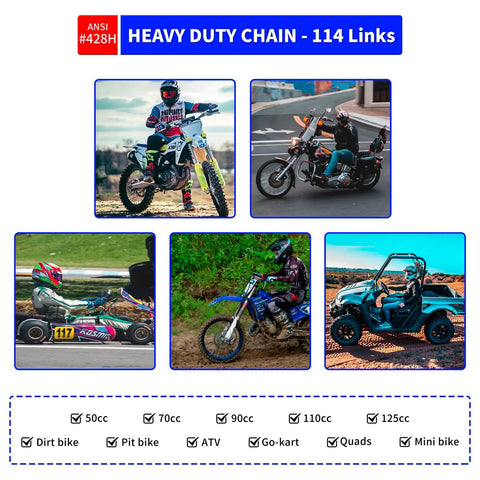 429H Motorcycle Chain 114 Links With Chain Breaker And Five Free Master Links, Heavy Duty Drive Chain for Dirt Bikes, ATVs, Go Karts
