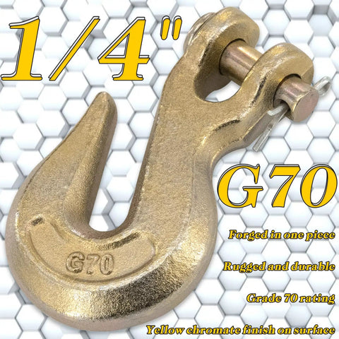 1/4 Inch Grade 70 Forged Steel Clevis Chain Grab Hook with yellow chromate finish for heavy duty towing and hauling.