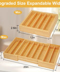 Expandable Bamboo K Cup Holder For Drawer Or Countertop with adjustable width from 12 to 20 inches, shown with dimensions.