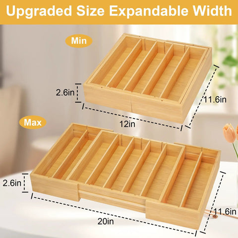 Expandable Bamboo K Cup Holder For Drawer Or Countertop with adjustable width from 12 to 20 inches, shown with dimensions.