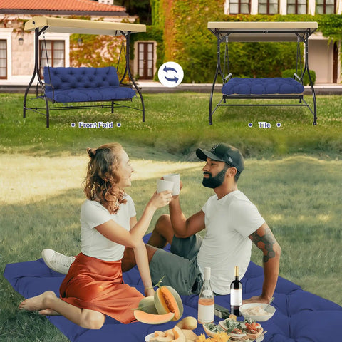 Three Seater Swing Cushions Replacement For Outdoor Porch Swing With Backrest Navy Blue 60x40x5 Inch shown with fold options