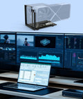 OCuLink eGPU dock beside a laptop, enhancing performance for gaming and AI on multiple monitors.