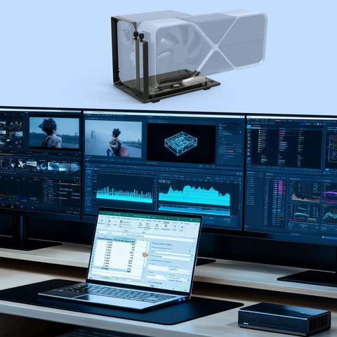 OCuLink eGPU dock beside a laptop, enhancing performance for gaming and AI on multiple monitors.