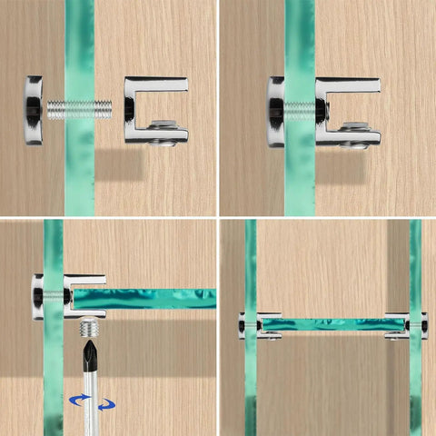 Installation of Six Piece Beefy Heavy Duty Metal Glass Clamps And Shelf Brackets For 5 To 10mm Panels on wood surface