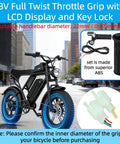 48V Half Twist Throttle With LED Display And Key Lock for ebikes, motorcycles, scooters; includes connectors and grip material.