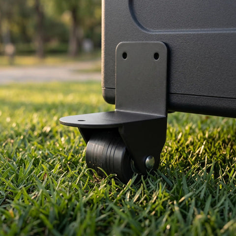 Rigid L Shape Plate Mount Casters For Tool Box And Workbench, Non Swivel Design, Heavy Duty PVC Rubber Wheels on grass