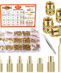 Threaded Inserts for Plastic Kit With Heat Set Inserts And Tips 300 M2 To M6 Brass Knurled Nuts Soldering Iron Tips Easy DIY 3D Printing And Repair Tool Set, showing organized kit with brass inserts and tools