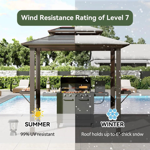 8x5 Ft Aluminum Grill Gazebo With Double Polycarbonate Top And Shelves Outdoor BBQ Canopy Hardtop in a backyard setting