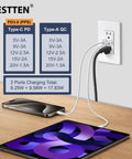 30W USB C Outlet Receptacle With 15 Amp Fast Charging, Type C PD 3.0 And Type A QC 3.0, Screwless Wall Plate Included, UL Listed, White, 10 Pack shown installed in a wall with two devices charging