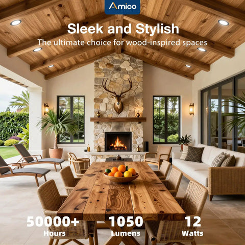 Amico 48 Pack 6 Inch LED Recessed Lighting, Canless Wafer Downlight, Black in a stylish wood-inspired living space.