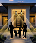 Top Shelf Modern Black Metal Motion Sensor Outdoor Pendant Light Slick Finish Exterior Hanging Lantern with Smart PIR detection illuminating entryway.