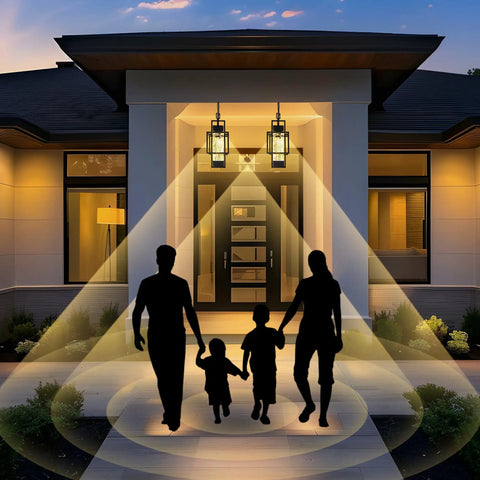 Top Shelf Modern Black Metal Motion Sensor Outdoor Pendant Light Slick Finish Exterior Hanging Lantern with Smart PIR detection illuminating entryway.
