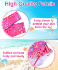 Girls 2 Piece Long Sleeve Rash Guard Swimsuit Set With UPF 50 Plus Sun Protection and ruffled bottom, beach background