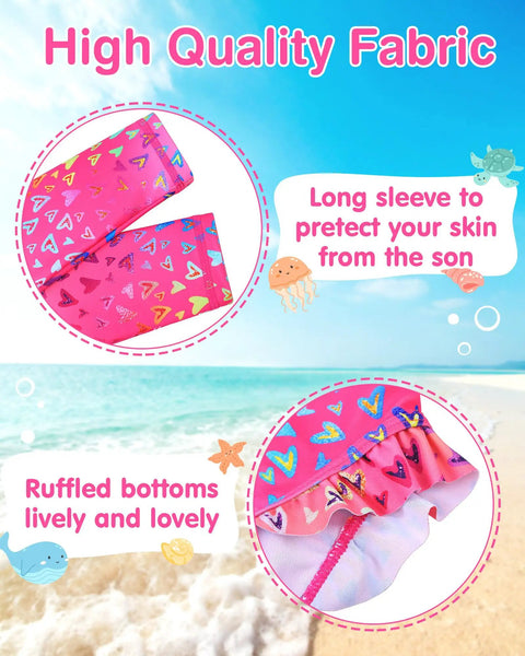 Girls 2 Piece Long Sleeve Rash Guard Swimsuit Set With UPF 50 Plus Sun Protection and ruffled bottom, beach background