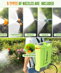 Man using 4 Gallon Battery Powered Backpack Sprayer For The Yard With 100 PSI Electric Garden Sprayer That Plays Nice With Makita 18V Batteries, showing five included nozzles.