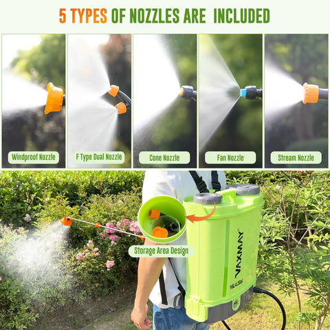 Man using 4 Gallon Battery Powered Backpack Sprayer For The Yard With 100 PSI Electric Garden Sprayer That Plays Nice With Makita 18V Batteries, showing five included nozzles.