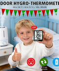 Indoor Room Thermometer And Hygrometer Real Time Temp And Humidity Monitor With Digital Display Accurate Readings From -58 To 158 F Easy Humidity Control Great For Home Office Nursery; child holding unit