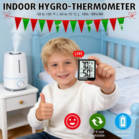 Indoor Room Thermometer And Hygrometer Real Time Temp And Humidity Monitor With Digital Display Accurate Readings From -58 To 158 F Easy Humidity Control Great For Home Office Nursery; child holding unit