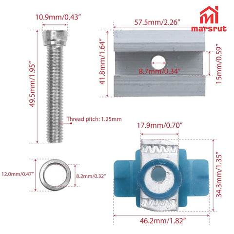 20 Piece Aluminum Solar Panel Clamps For Unistrut Mounting System Go To Clip Set with bolt, nut, and bracket dimensions shown